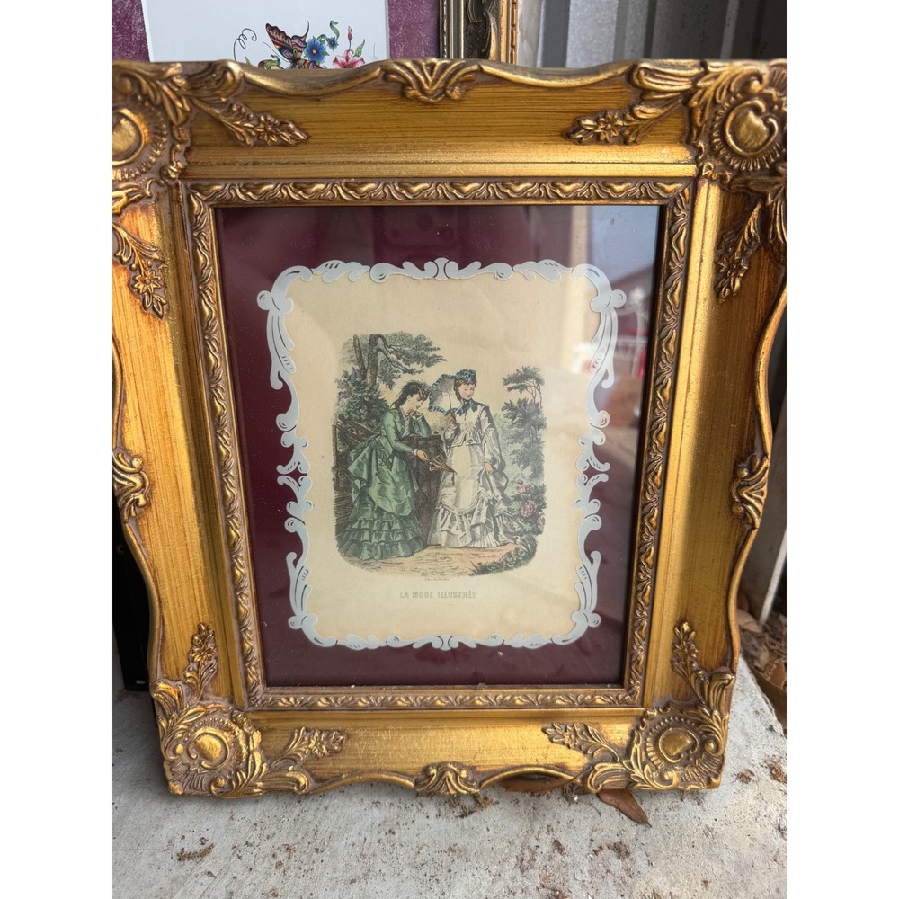 La Mode Illustree French Fashion Plate Print in Ornate‎ Gold Baroque Frame 12x14
